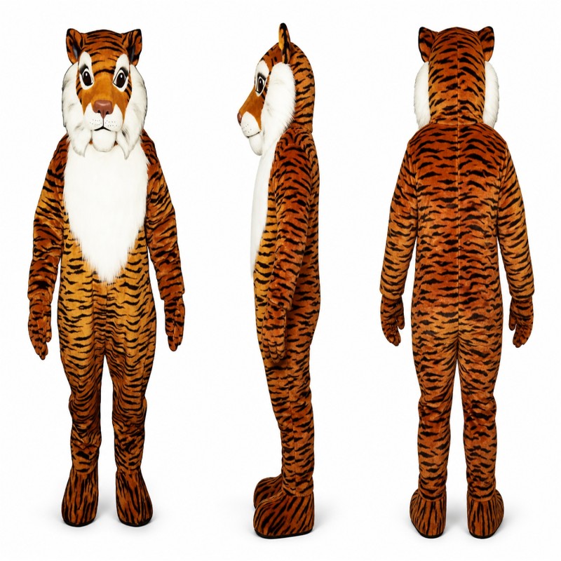 Tiger Mascot Costume in Orange with Black Stripes and White Chest Adult