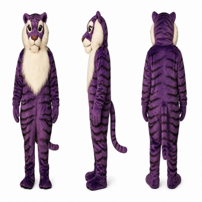 Purple Tiger Mascot Costume with Black Stripes and White Chest Adult