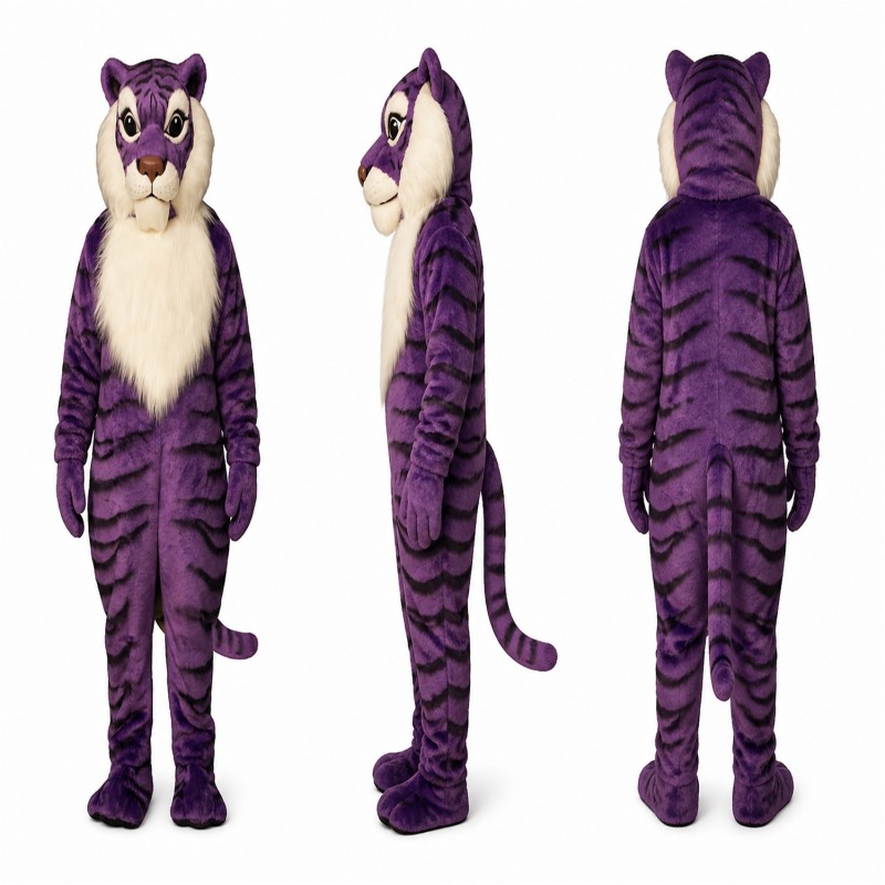 Purple Tiger Mascot Costume with Black Stripes and White Chest Adult