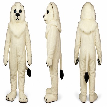 White Lion Mascot Costume with Shaggy Fur and Black Nose Adult