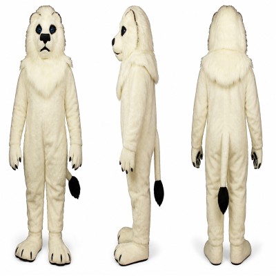 White Lion Mascot Costume with Shaggy Fur and Black Nose Adult