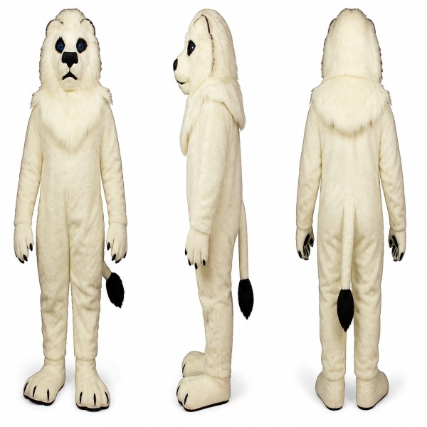 White Lion Mascot Costume with Shaggy Fur and Black Nose Adult