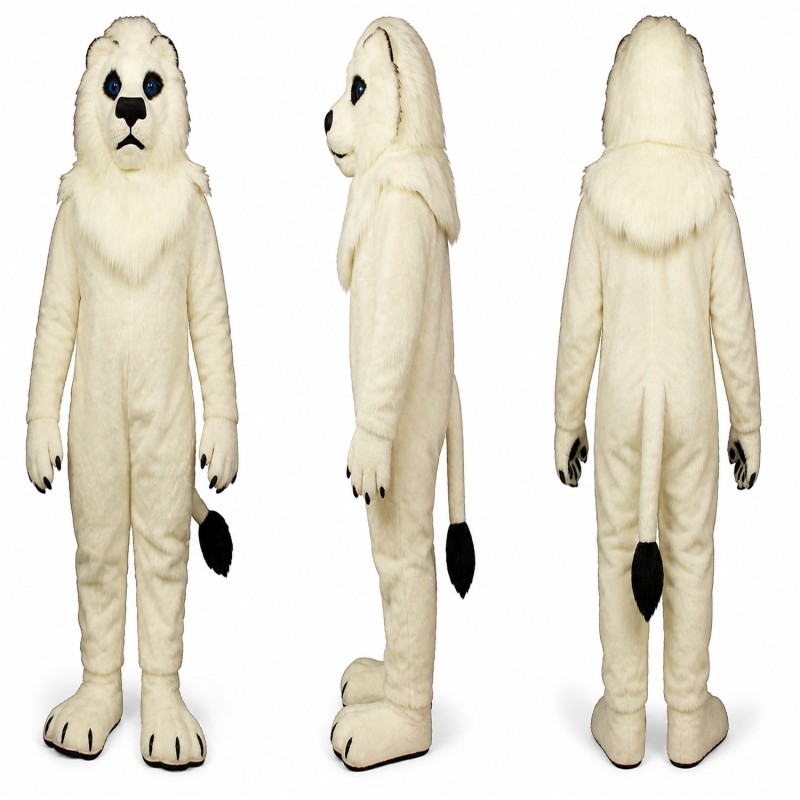 White Lion Mascot Costume with Shaggy Fur and Black Nose Adult