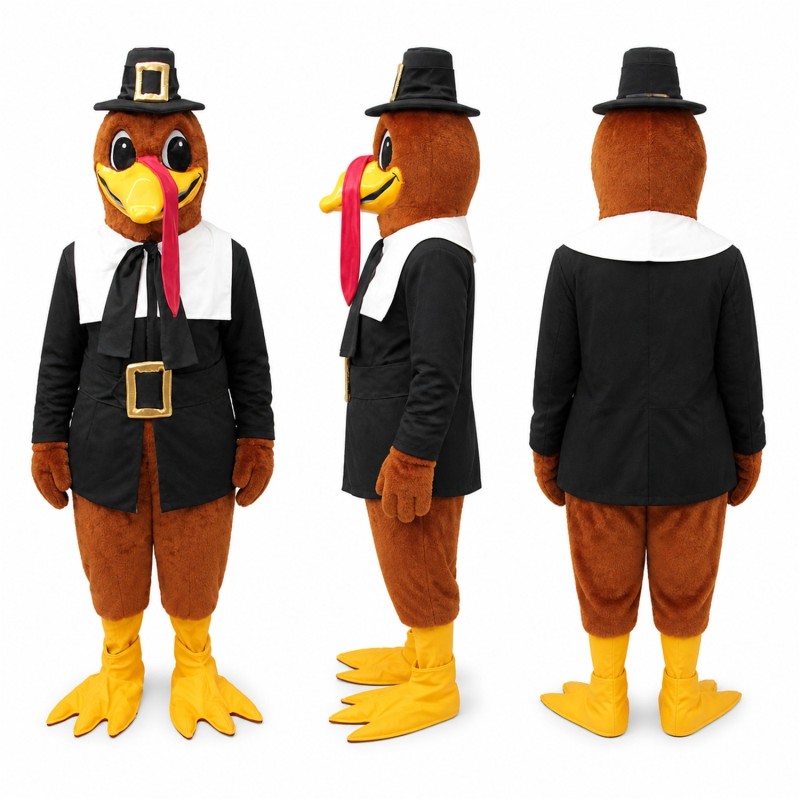 Pilgrim Turkey Mascot Costume in Brown with Black Outfit Adult