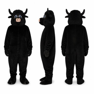 Bull Mascot Costume in Black with Short Horns Adult