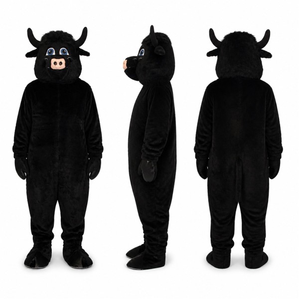Bull Mascot Costume in Black with Short Horns Adult