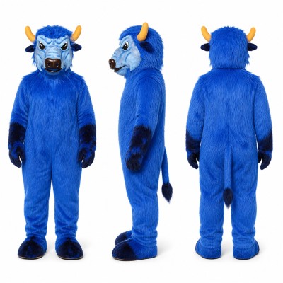 Bull Mascot Costume in Bright Blue with Yellow Horns Adult