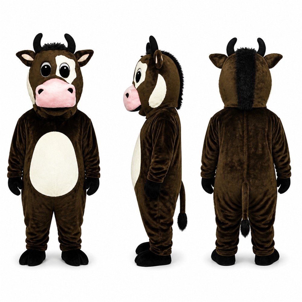 Cow Mascot Costume in Dark Brown with White Belly and Pink Muzzle Adult