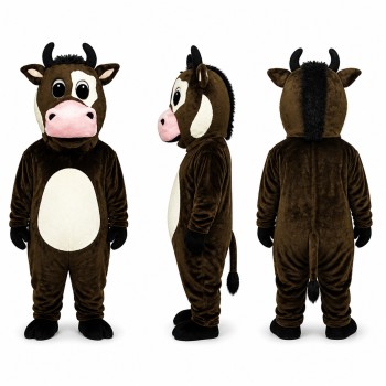 Cow Mascot Costume in Dark Brown with White Belly and Pink Muzzle Adult