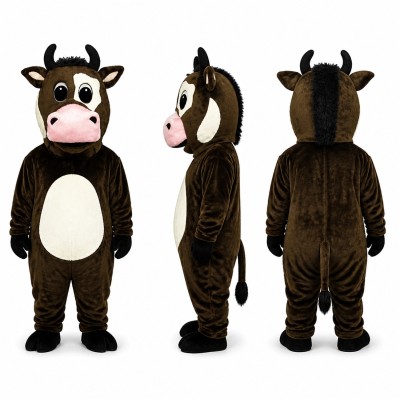 Cow Mascot Costume in Dark Brown with White Belly and Pink Muzzle Adult