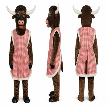 Cow Mascot Costume in Brown with Pink Gingham Dress Adult