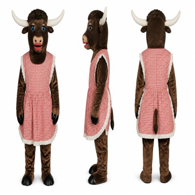 Cow Mascot Costume in Brown with Pink Gingham Dress Adult