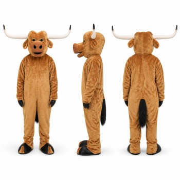 Longhorn Bull Mascot Costume in Tan with Wide White Horns Adult