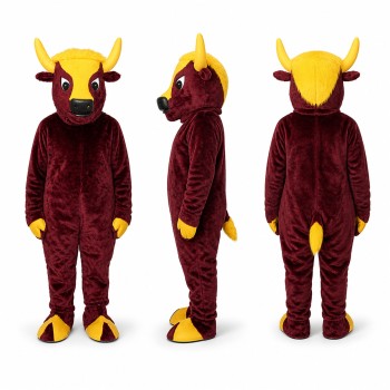 Bull Mascot Costume in Burgundy with Yellow Horns Adult
