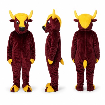Bull Mascot Costume in Burgundy with Yellow Horns Adult