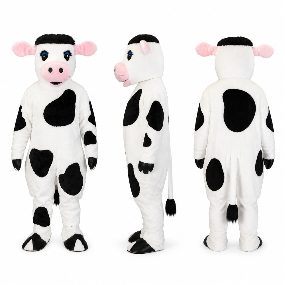 Cow Mascot Costume in White with Black Patches and Pink Muzzle Adult