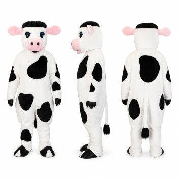 Cow Mascot Costume in White with Black Patches and Pink Muzzle Adult