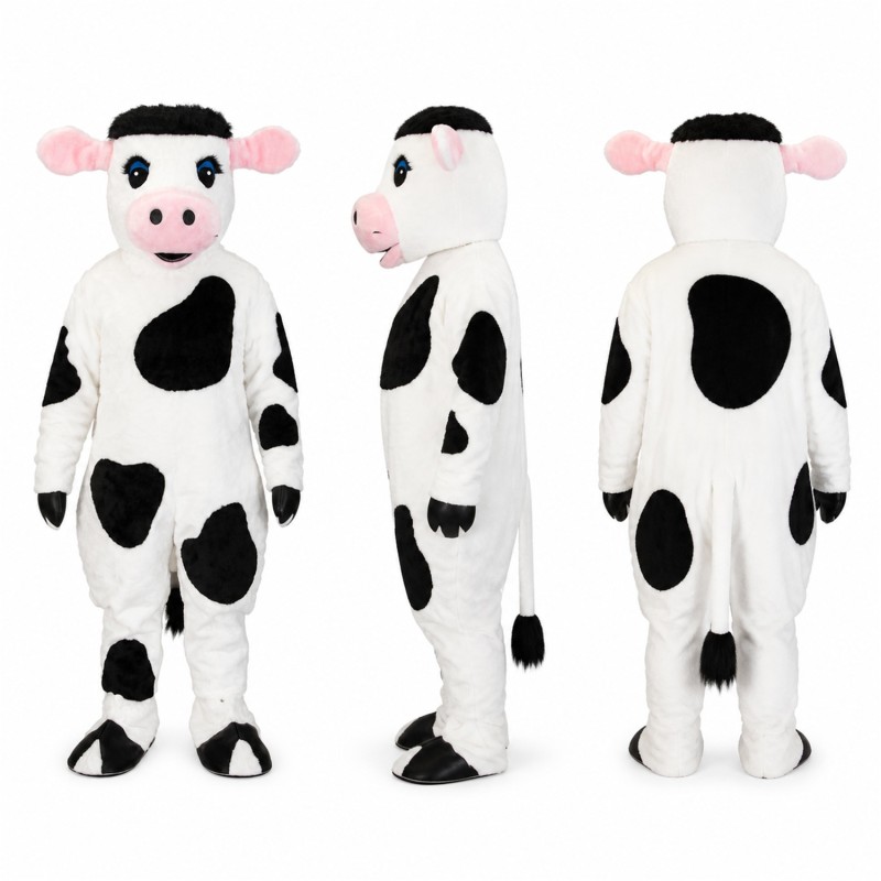 Cow Mascot Costume in White with Black Patches and Pink Muzzle Adult