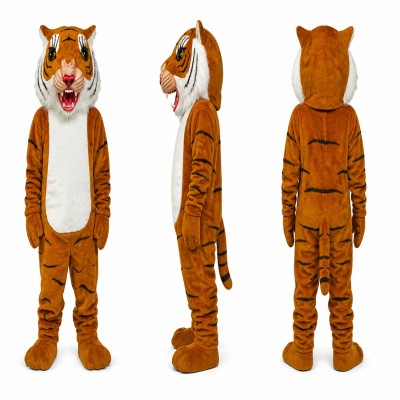 Tiger Mascot Costume in Orange with Black Stripes and Roaring Face Adult