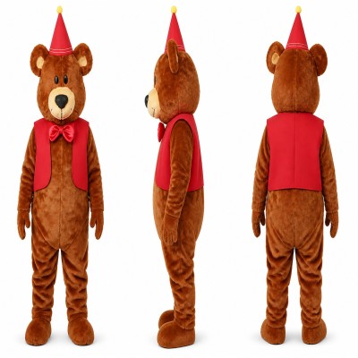Party Bear Mascot Costume in Brown with Red Vest and Cone Hat Adult