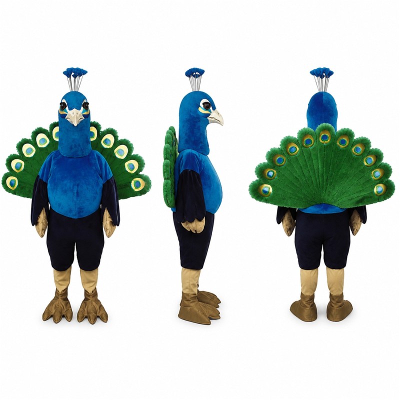 Peacock Mascot Costume in Blue with Green Fan Tail Adult