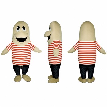 Bean Character Mascot Costume in Gray with Red Striped Shirt Adult