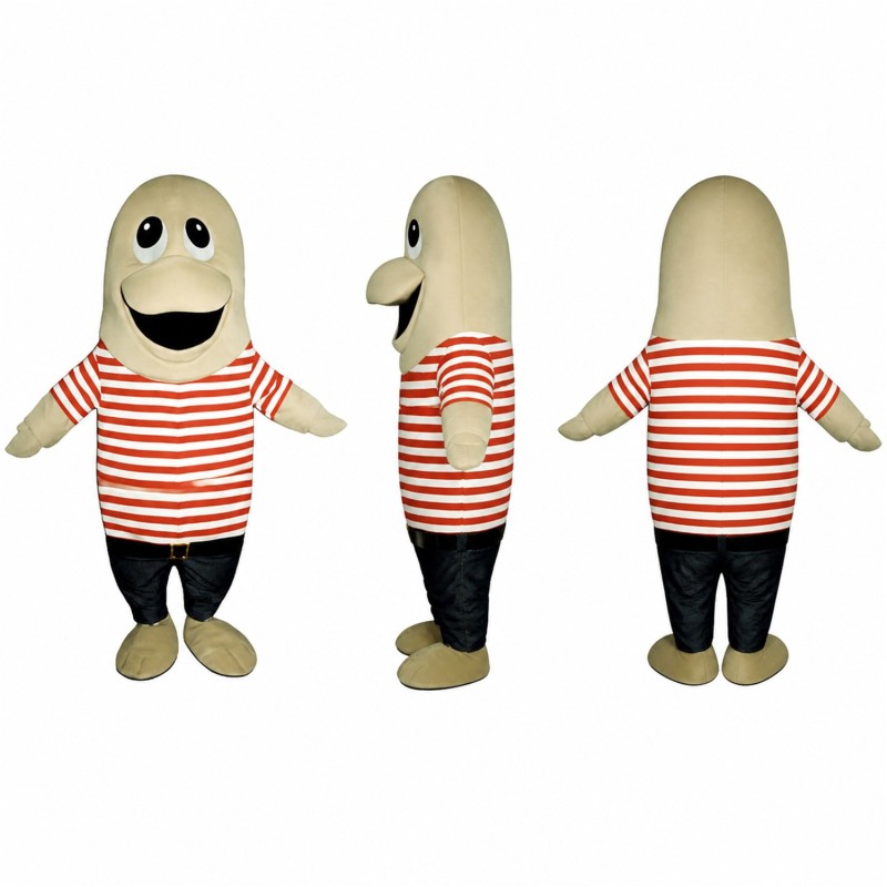 Bean Character Mascot Costume in Gray with Red Striped Shirt Adult