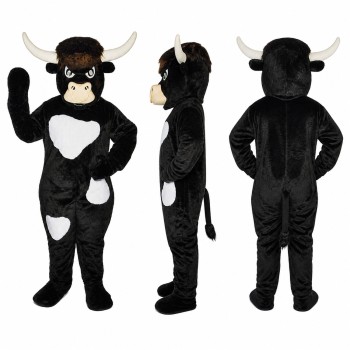 Bull Mascot Costume in Black and White with Long Horns Adult