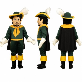 Musketeer Mascot Costume in Green with Feathered Hat Adult