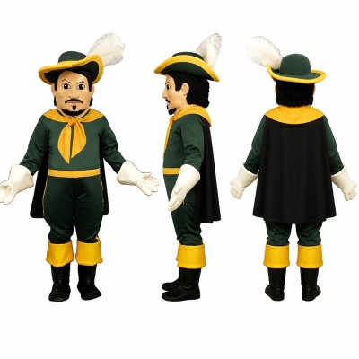 Musketeer Mascot Costume in Green with Feathered Hat Adult