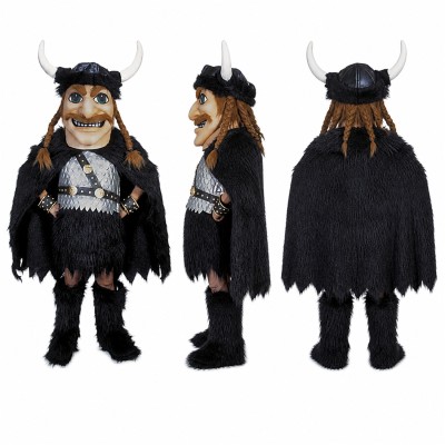 Viking Warrior Mascot Costume in Black and Gray with Horned Helmet Adult
