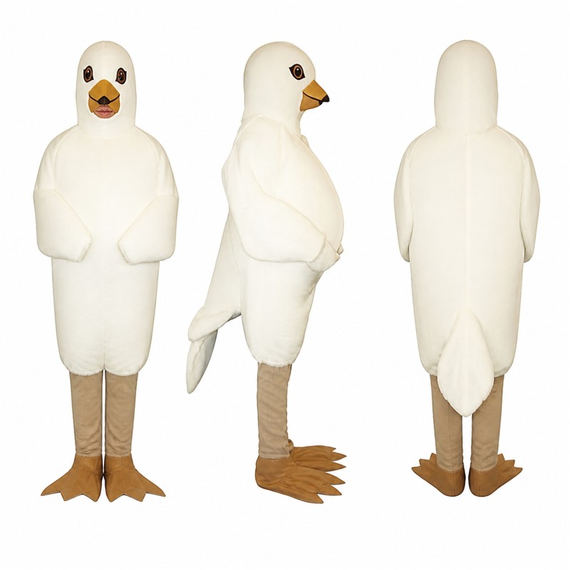 White Bird Mascot Costume with Beige Legs and Orange Beak Adult
