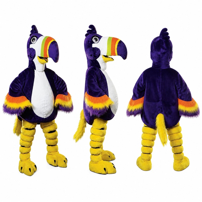 Toucan Mascot Costume in Purple and Black with Yellow Beak Adult