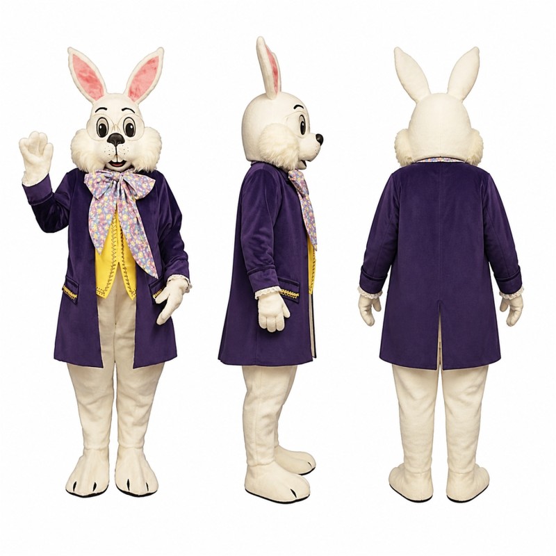 Formal Rabbit Mascot Costume in White with Purple Coat Adult