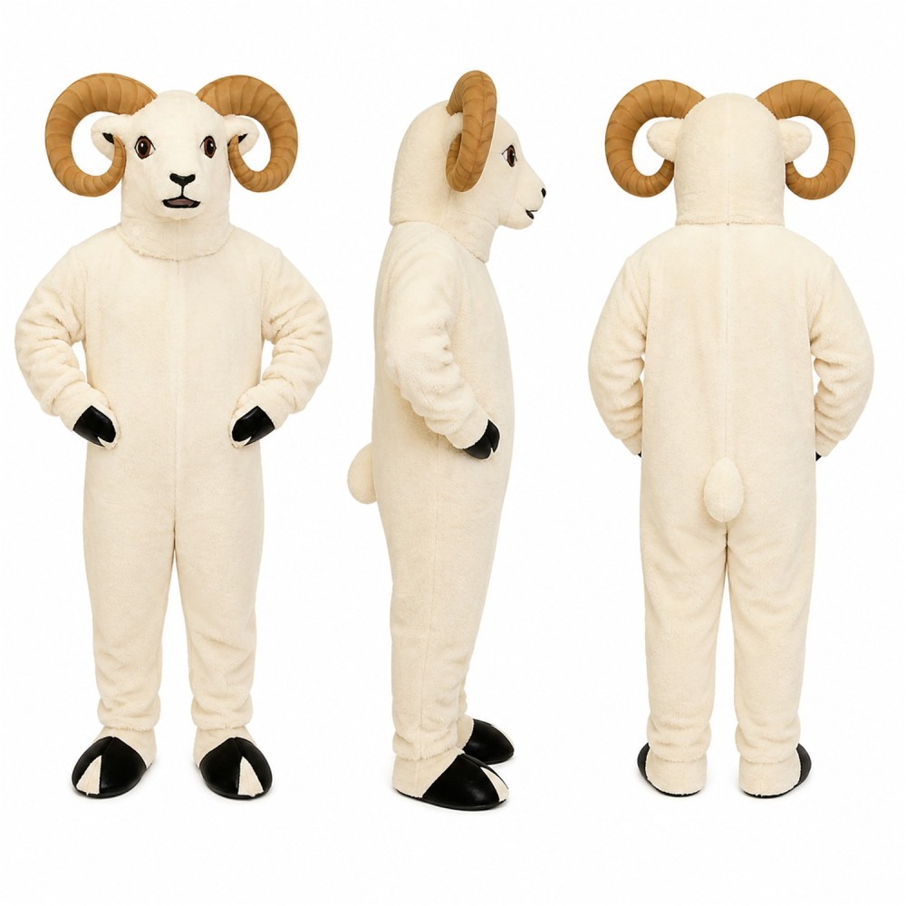 Ram Mascot Costume in White with Brown Curled Horns Adult