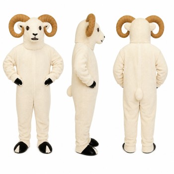 Ram Mascot Costume in White with Brown Curled Horns Adult