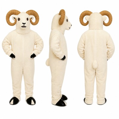 Ram Mascot Costume in White with Brown Curled Horns Adult