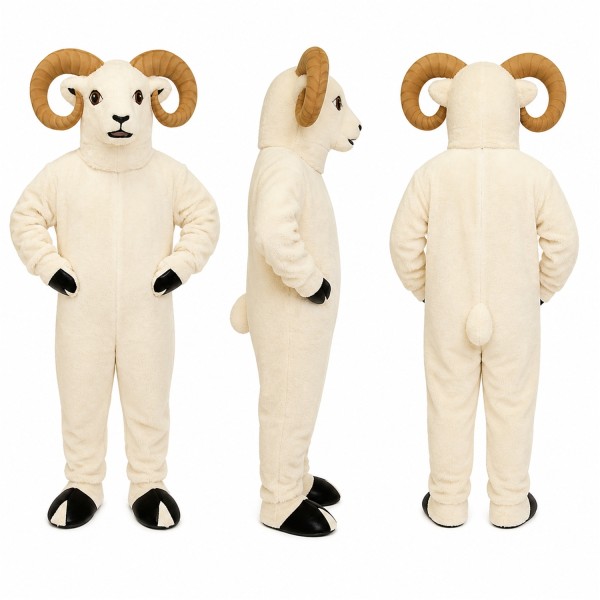 Ram Mascot Costume in White with Brown Curled Horns Adult