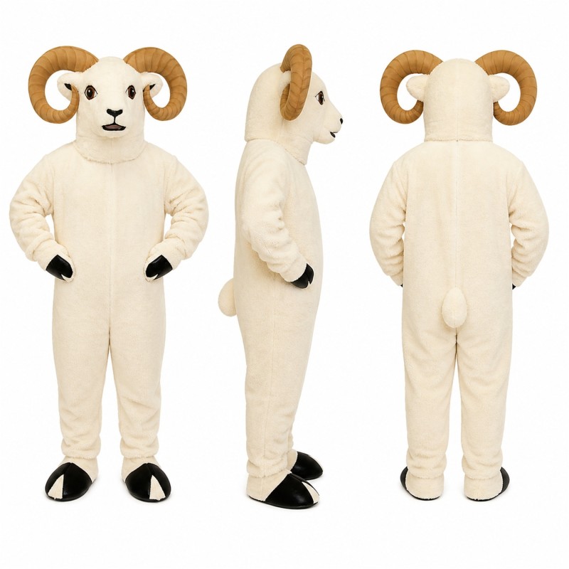 Ram Mascot Costume in White with Brown Curled Horns Adult