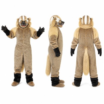 Ram Mascot Costume in Beige with Striped Curled Horns Adult