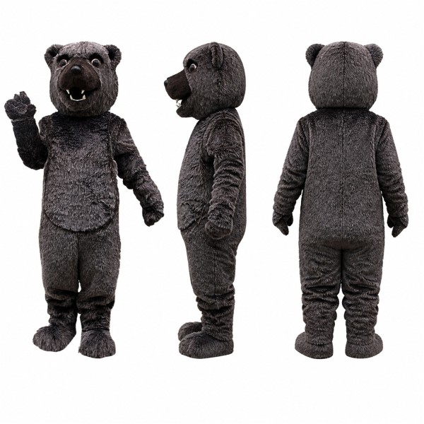 Black Bear Mascot Costume in Dark Gray with Raised Paw Adult