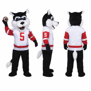 Sports Wolf Mascot Costume in Gray with Red Jersey and Football Adult