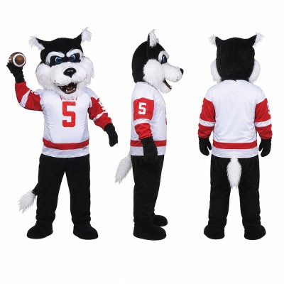 Sports Wolf Mascot Costume in Gray with Red Jersey and Football Adult