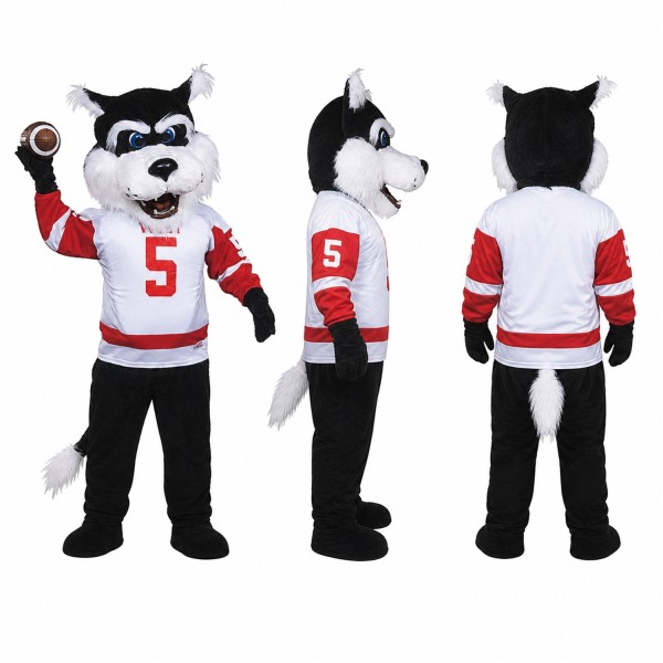Sports Wolf Mascot Costume in Gray with Red Jersey and Football Adult
