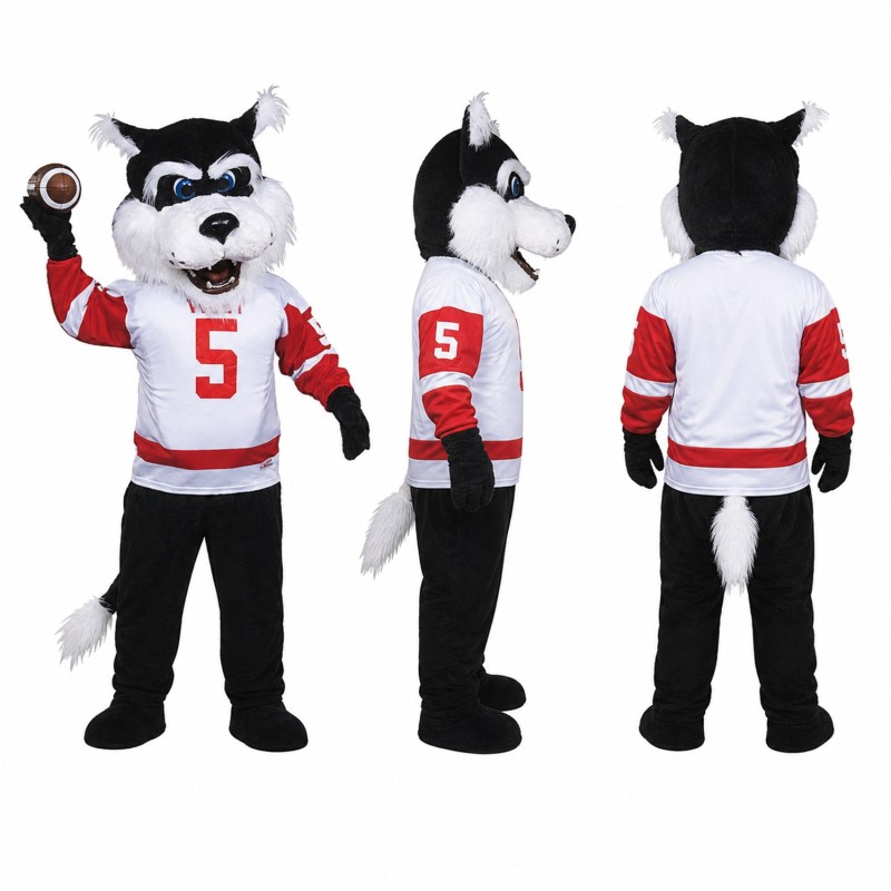 Sports Wolf Mascot Costume in Gray with Red Jersey and Football Adult
