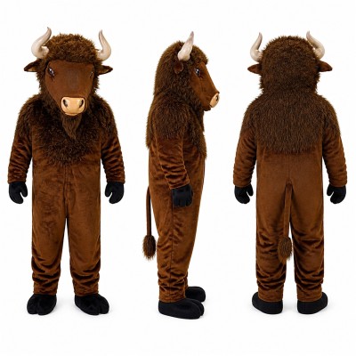 Bison Mascot Costume in Brown with Tan Horns Adult