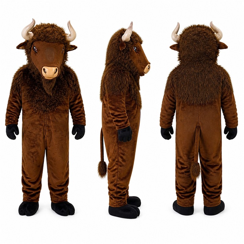 Bison Mascot Costume in Brown with Tan Horns Adult