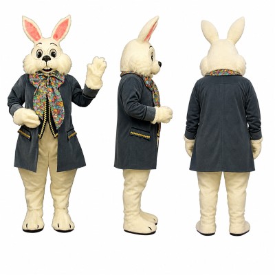 Formal Rabbit Mascot Costume in White with Gray Coat and Floral Vest Adult