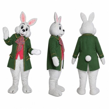 Formal Rabbit Mascot Costume in Gray with Green Coat and Floral Vest Adult