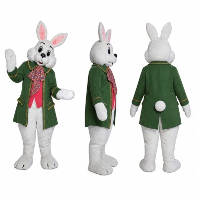 Formal Rabbit Mascot Costume in Gray with Green Coat and Floral Vest Adult
